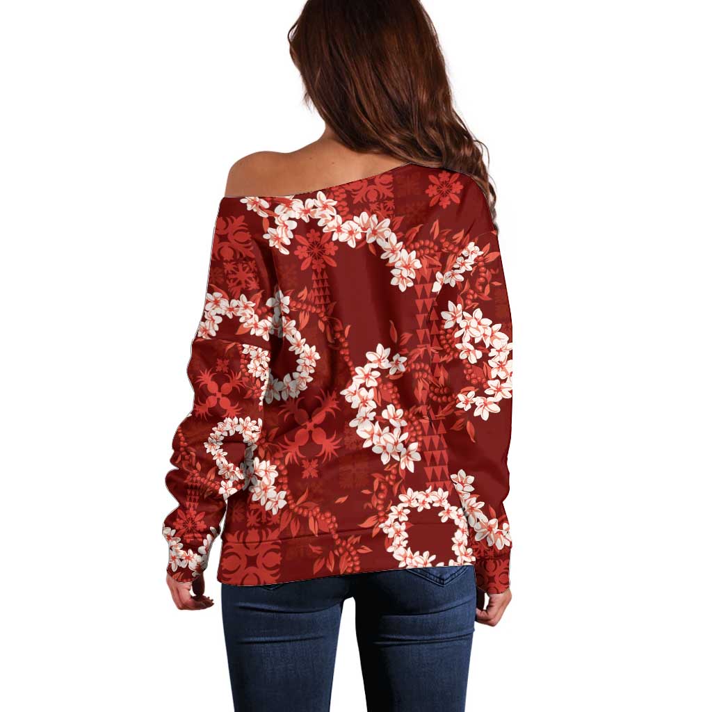 Mokihana Maile and Ilima Leis Off Shoulder Sweater Ulaʻula Hawaiian Tapa Quilt Pattern - Polynesian Pride