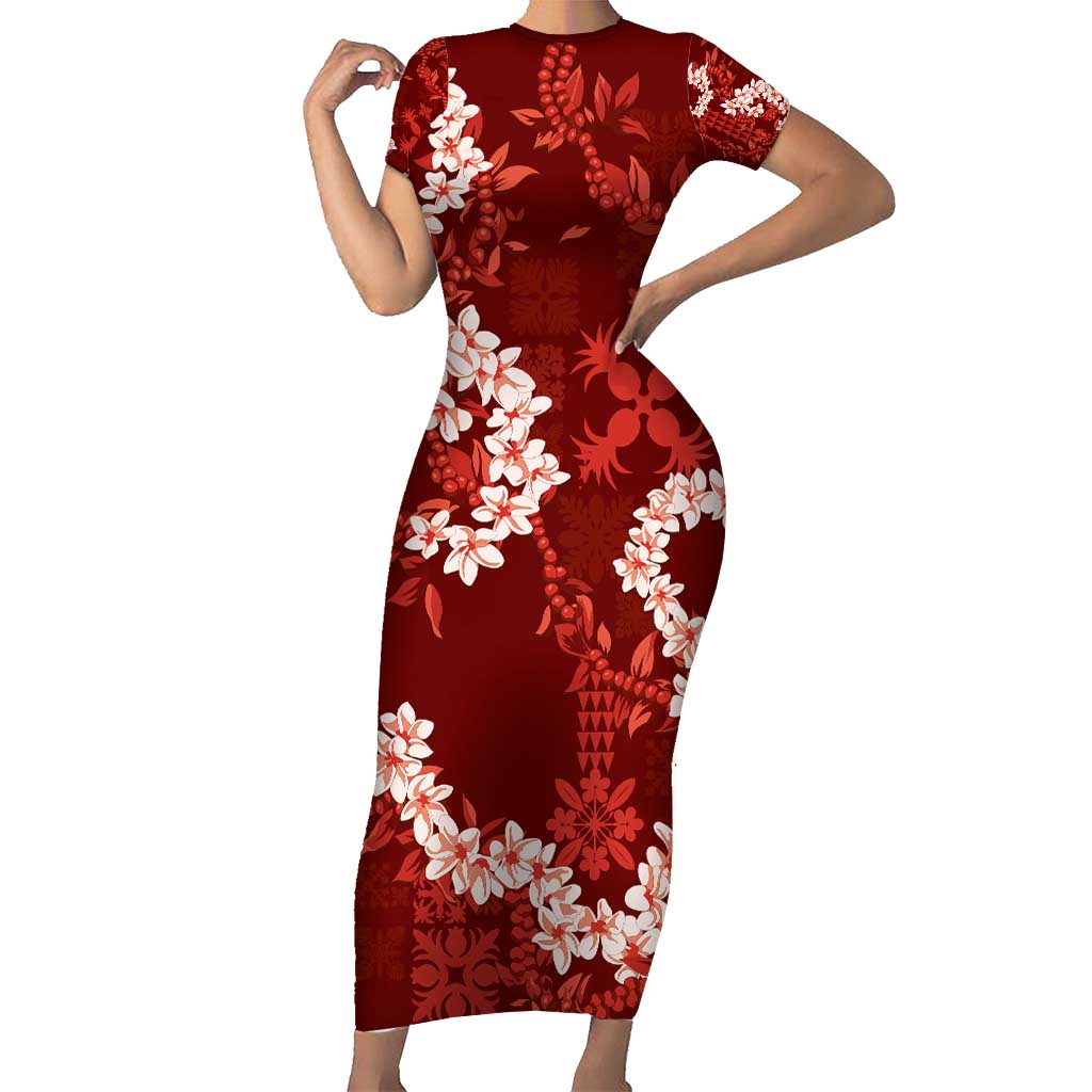 Mokihana Maile and Ilima Leis Short Sleeve Bodycon Dress Ulaʻula Hawaiian Tapa Quilt Pattern - Polynesian Pride