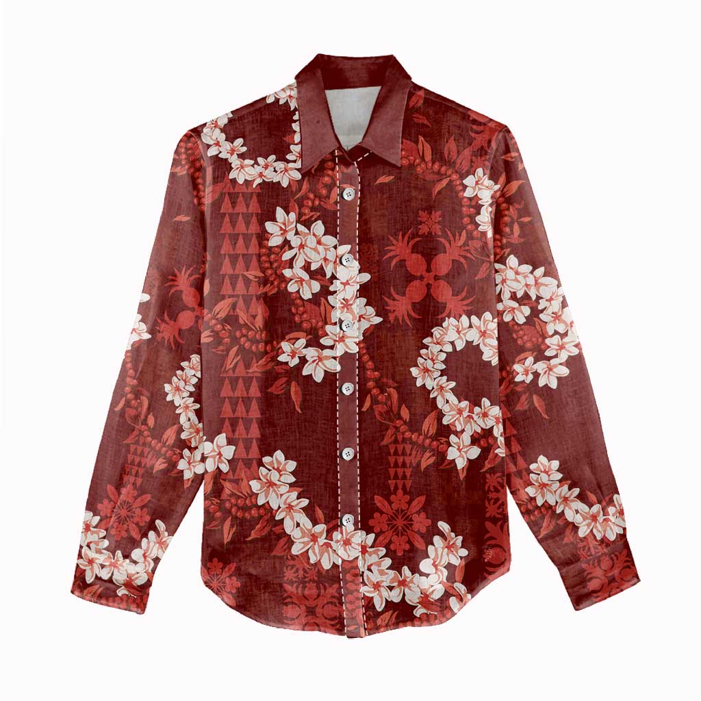 Mokihana Maile and Ilima Leis Women Casual Shirt Ulaʻula Hawaiian Tapa Quilt Pattern - Polynesian Pride