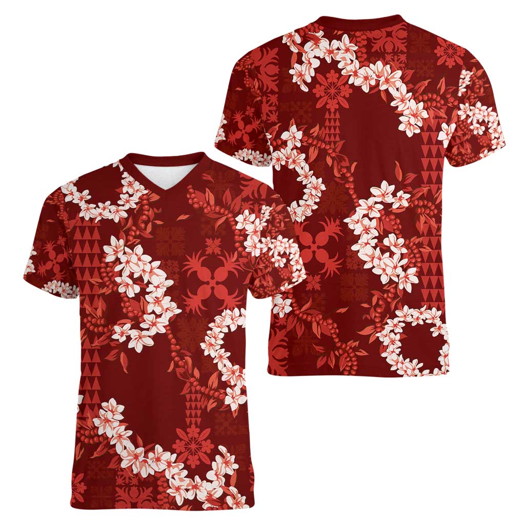 Mokihana Maile and Ilima Leis Women V-Neck T-Shirt Ulaʻula Hawaiian Tapa Quilt Pattern - Polynesian Pride