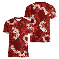 Mokihana Maile and Ilima Leis Women V-Neck T-Shirt Ulaʻula Hawaiian Tapa Quilt Pattern - Polynesian Pride