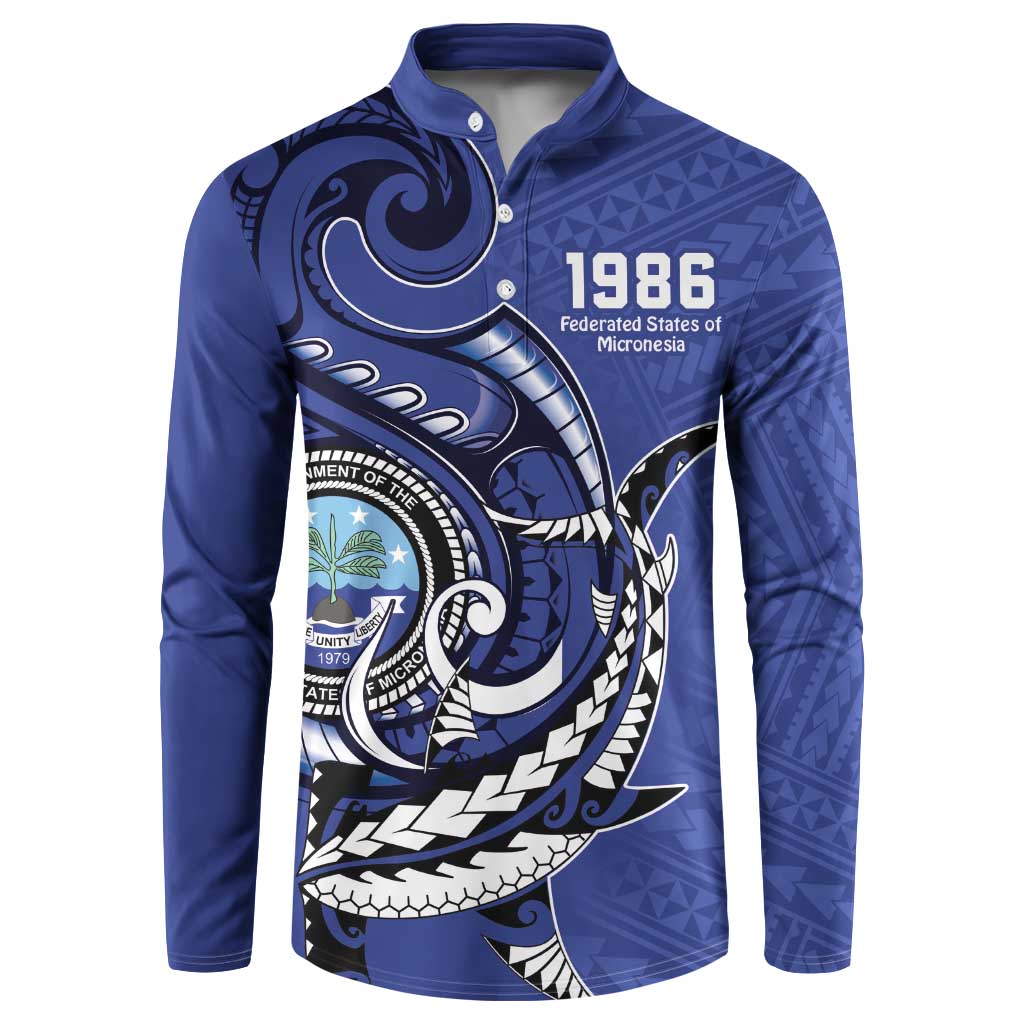 Personalized FSM 1986 Independence Day Button Sweatshirt Polynesian Shark Tattoo Style LT9 Blue - Polynesian Pride