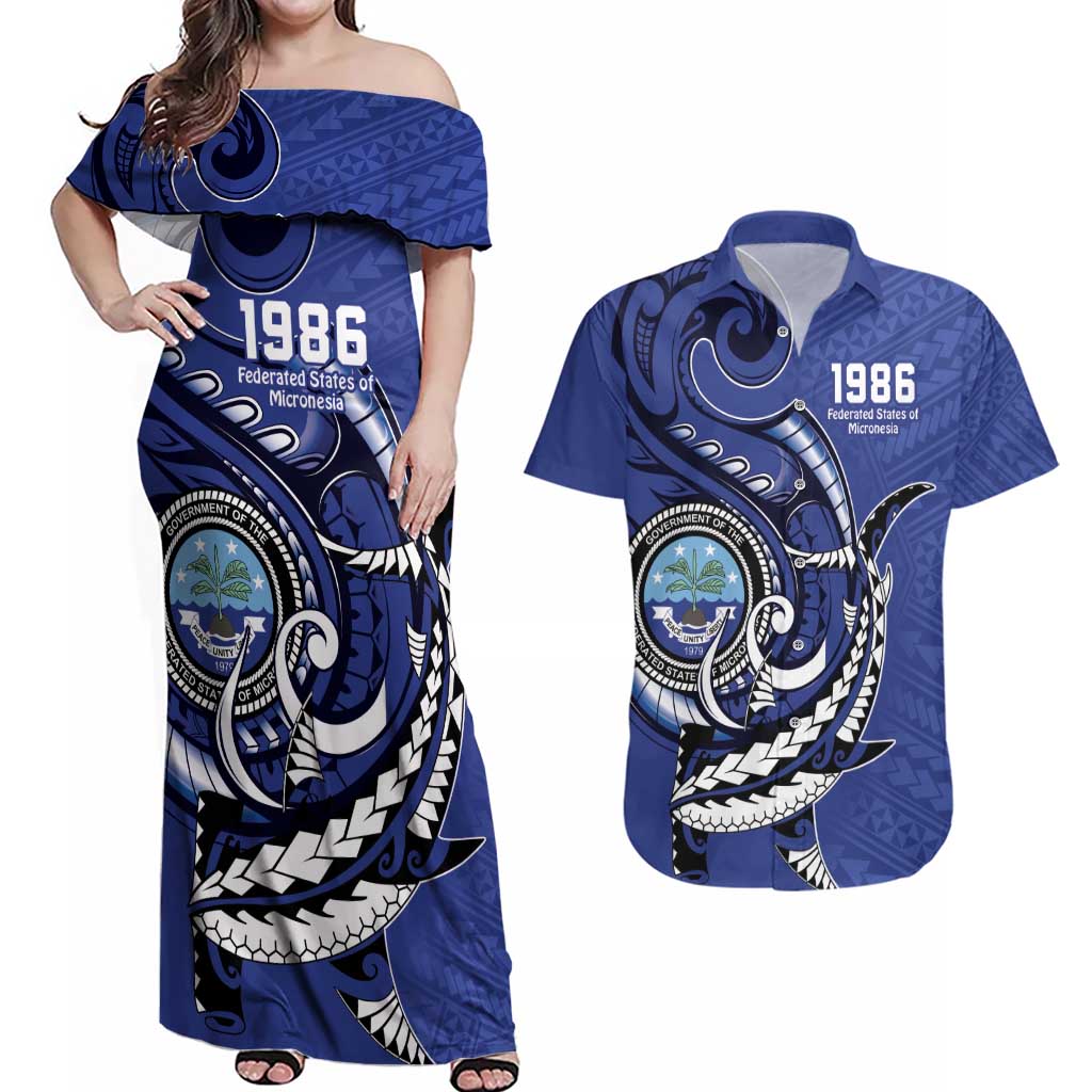 Personalized FSM 1986 Independence Day Couples Matching Off Shoulder Maxi Dress and Hawaiian Shirt Polynesian Shark Tattoo Style LT9 Blue - Polynesian Pride