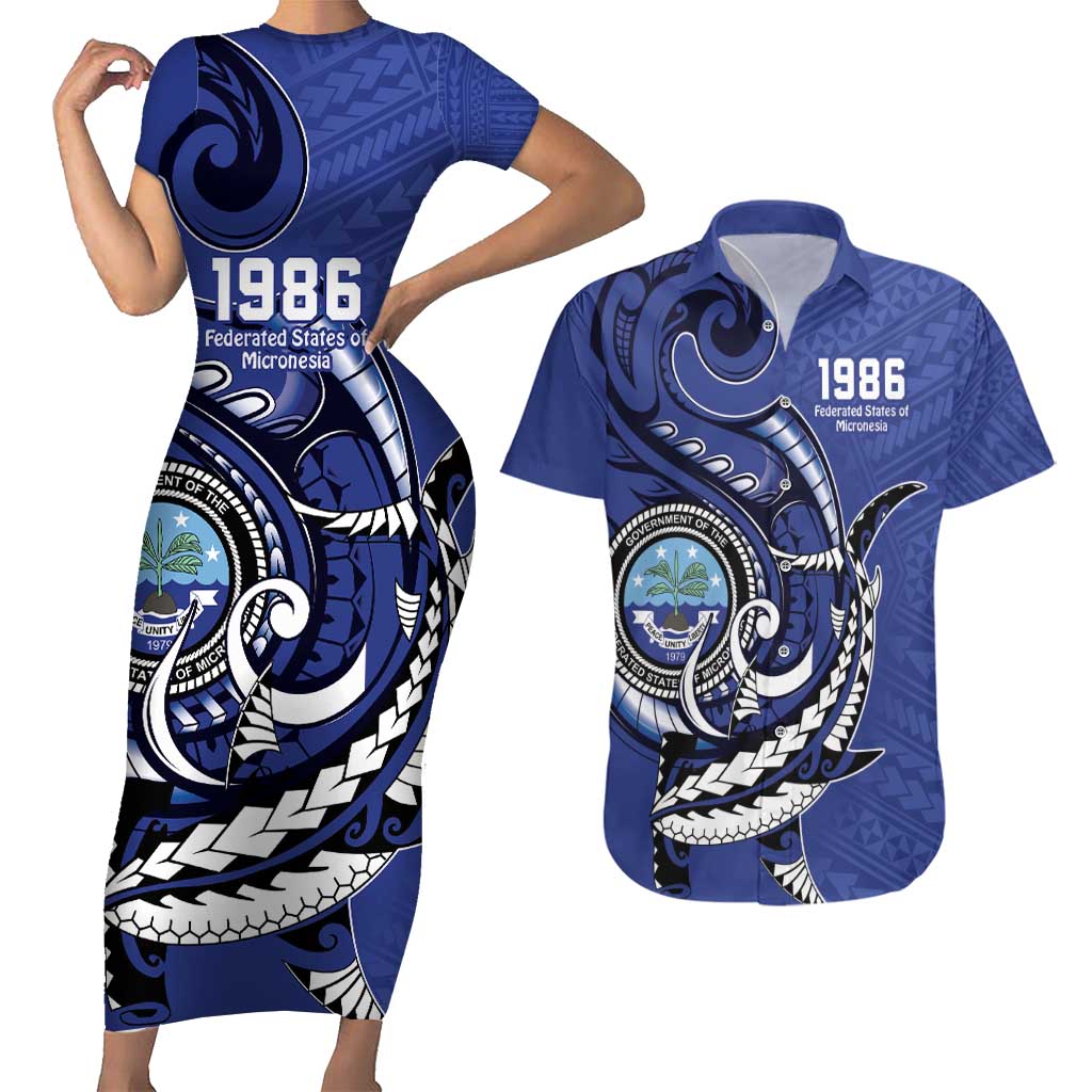 Personalized FSM 1986 Independence Day Couples Matching Short Sleeve Bodycon Dress and Hawaiian Shirt Polynesian Shark Tattoo Style