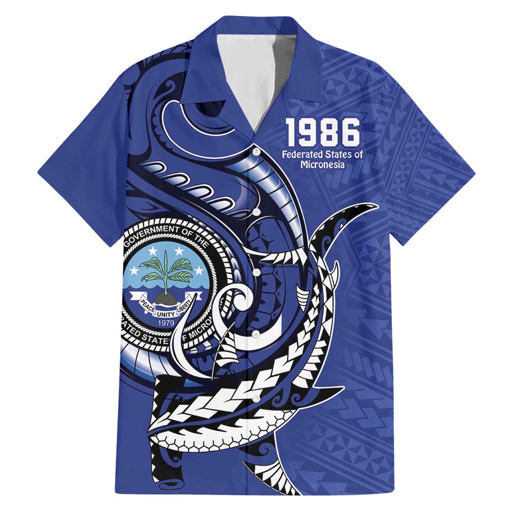 Personalized FSM 1986 Independence Day Family Matching Mermaid Dress and Hawaiian Shirt Polynesian Shark Tattoo Style LT9 Dad's Shirt - Short Sleeve Blue - Polynesian Pride