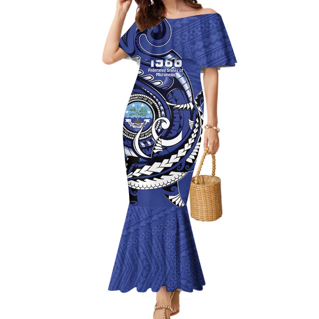 Personalized FSM 1986 Independence Day Family Matching Mermaid Dress and Hawaiian Shirt Polynesian Shark Tattoo Style LT9 Mom's Dress Blue - Polynesian Pride