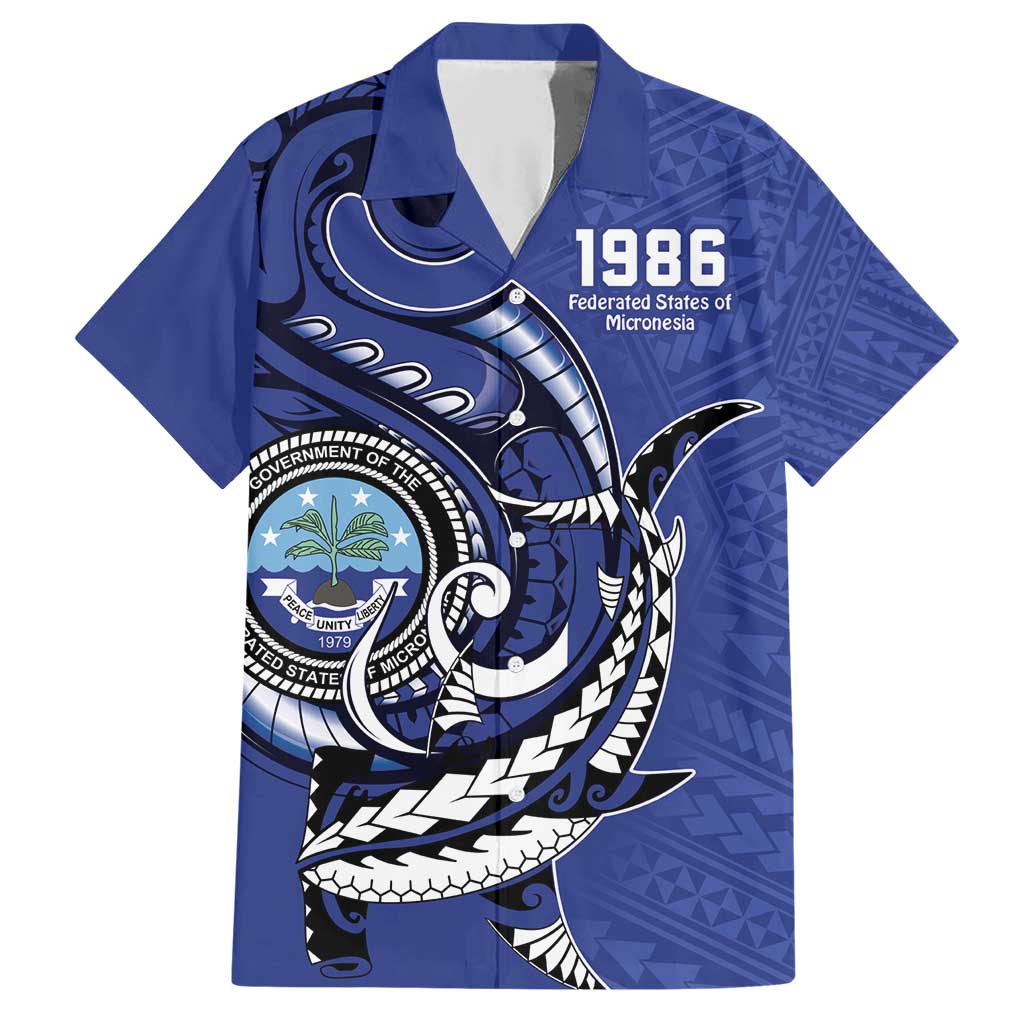 Personalized FSM 1986 Independence Day Family Matching Short Sleeve Bodycon Dress and Hawaiian Shirt Polynesian Shark Tattoo Style LT9 Dad's Shirt - Short Sleeve Blue - Polynesian Pride