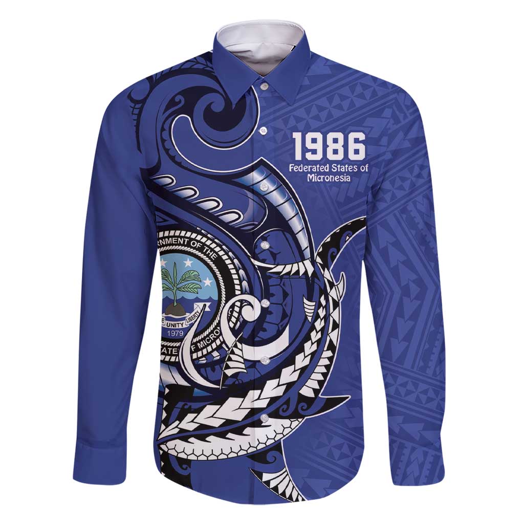 Personalized FSM 1986 Independence Day Family Matching Short Sleeve Bodycon Dress and Hawaiian Shirt Polynesian Shark Tattoo Style LT9 Dad's Shirt - Long Sleeve Blue - Polynesian Pride