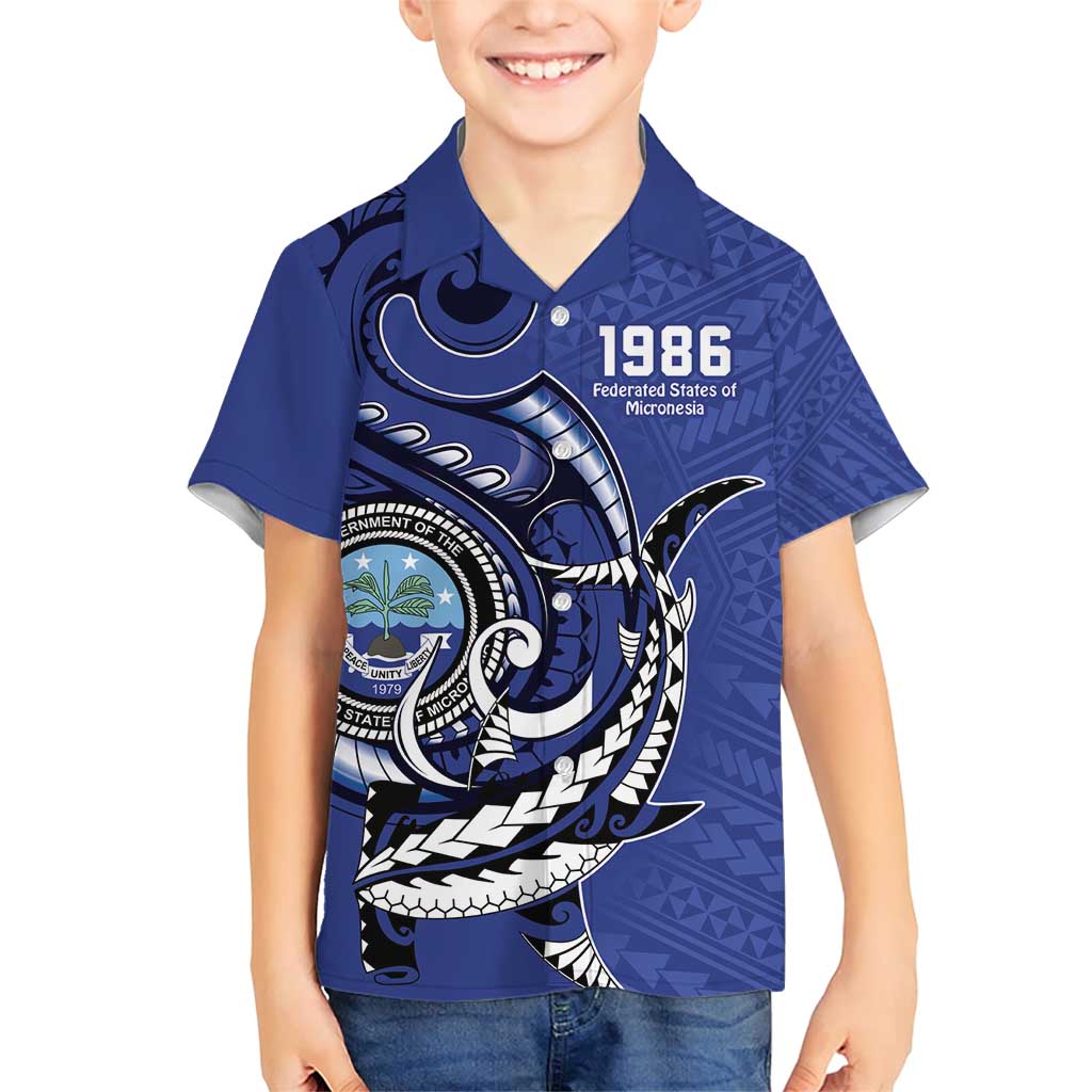 Personalized FSM 1986 Independence Day Family Matching Short Sleeve Bodycon Dress and Hawaiian Shirt Polynesian Shark Tattoo Style LT9 Son's Shirt Blue - Polynesian Pride