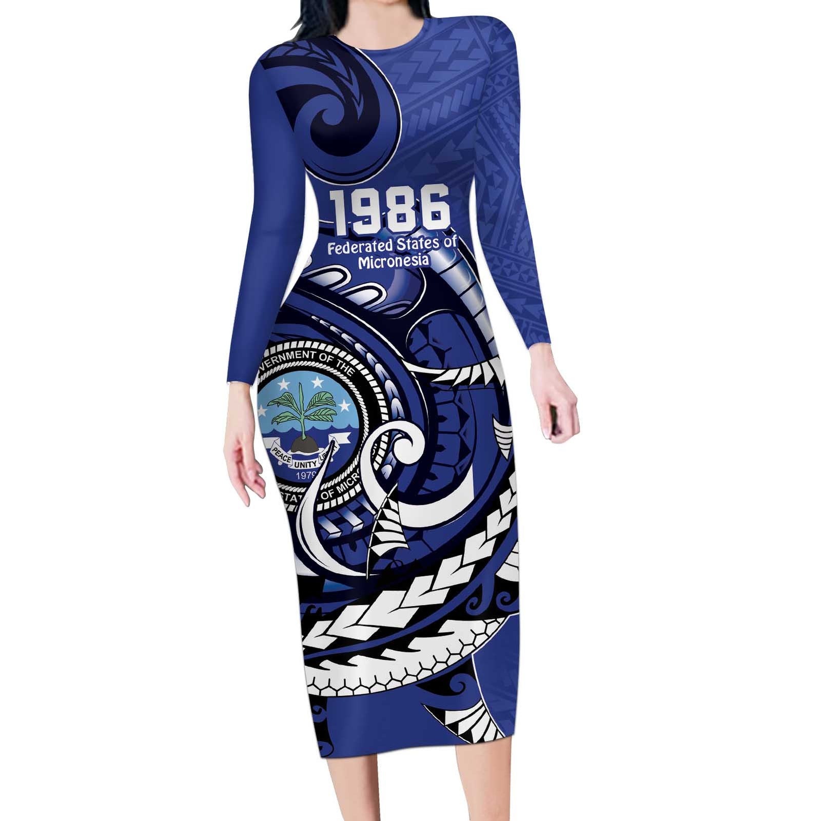 Personalized FSM 1986 Independence Day Long Sleeve Bodycon Dress Polynesian Shark Tattoo Style