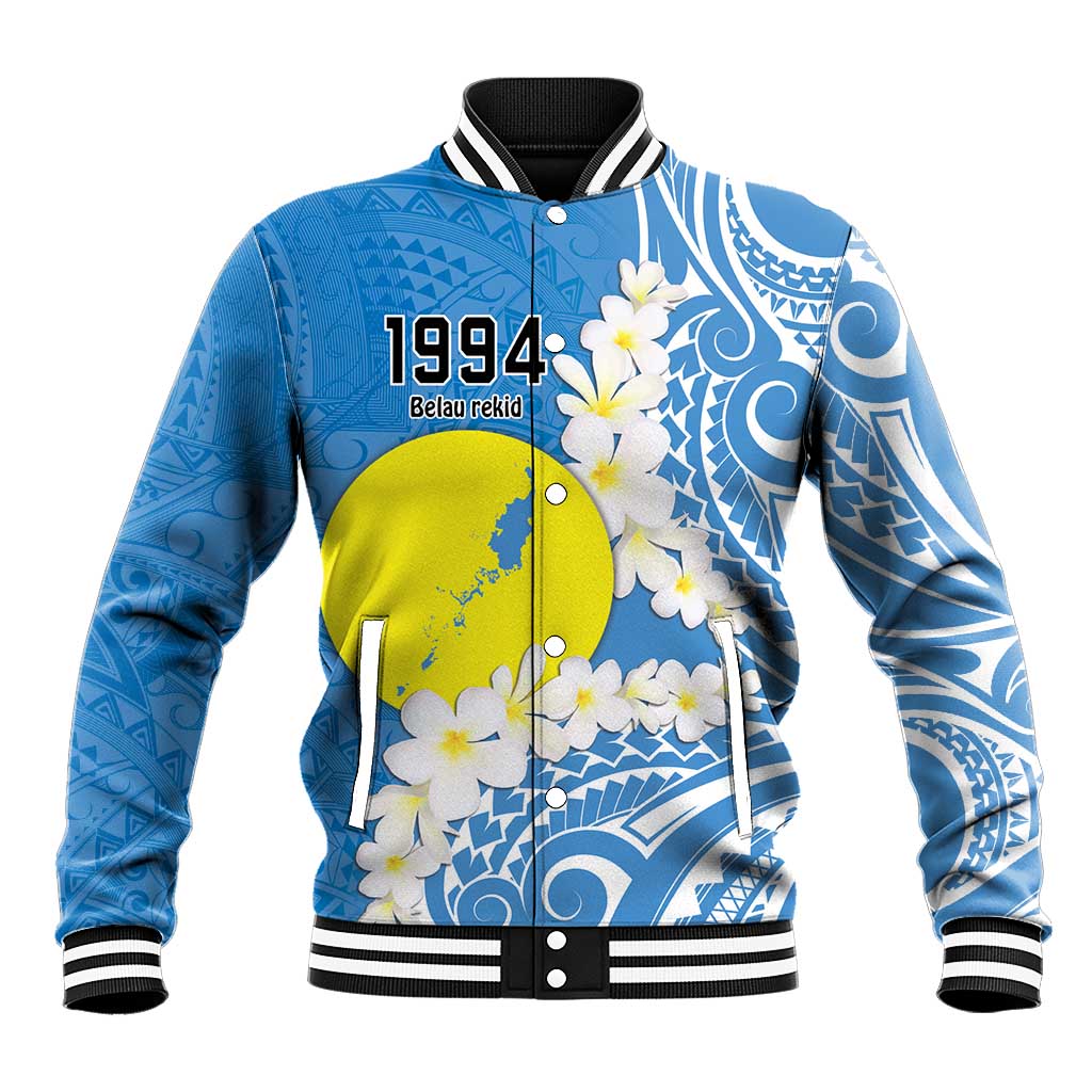 Personalized Palau 1994 Belau Rekid Baseball Jacket Polynesian Plumeria Style