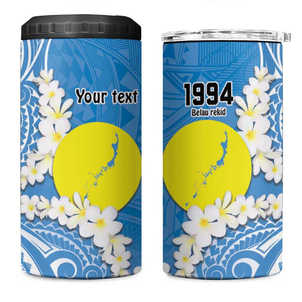 Personalized Palau 1994 Belau Rekid 4 in 1 Can Cooler Tumbler Polynesian Plumeria Style