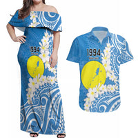 Personalized Palau 1994 Belau Rekid Couples Matching Off Shoulder Maxi Dress and Hawaiian Shirt Polynesian Plumeria Style LT9 Blue - Polynesian Pride