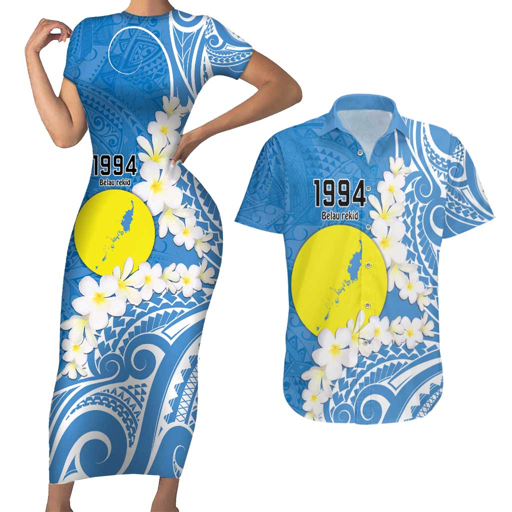 Personalized Palau 1994 Belau Rekid Couples Matching Short Sleeve Bodycon Dress and Hawaiian Shirt Polynesian Plumeria Style