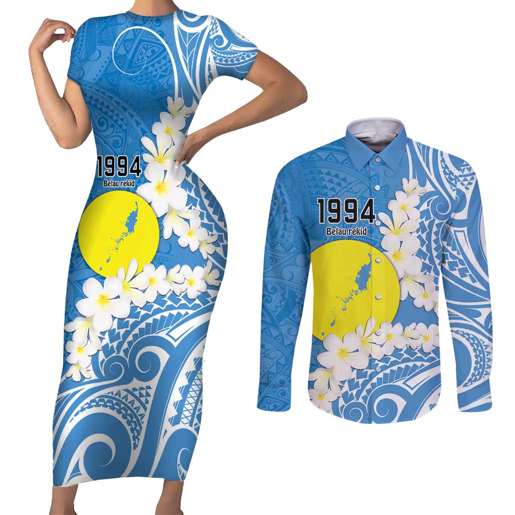 Personalized Palau 1994 Belau Rekid Couples Matching Short Sleeve Bodycon Dress and Long Sleeve Button Shirt Polynesian Plumeria Style