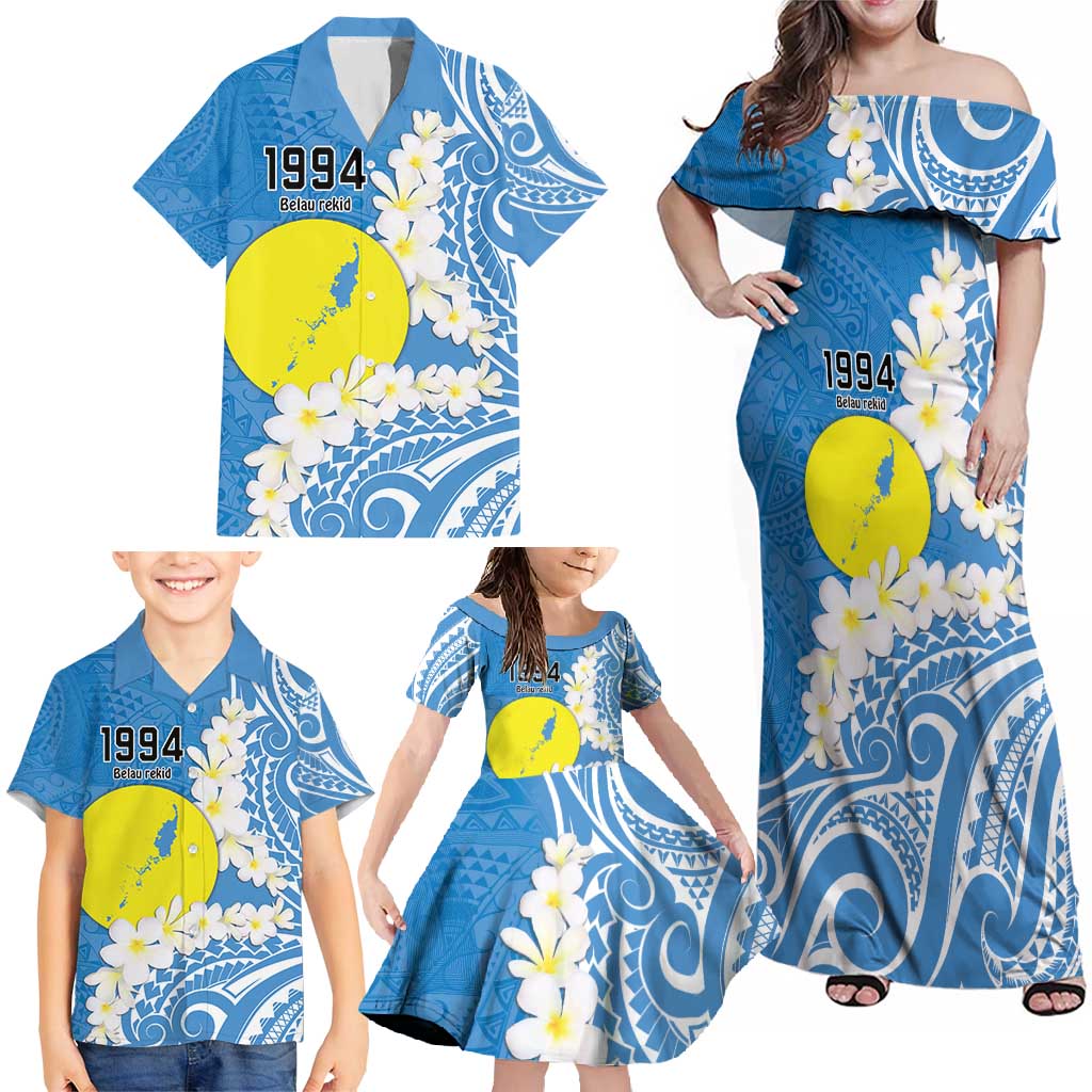 Personalized Palau 1994 Belau Rekid Family Matching Off Shoulder Maxi Dress and Hawaiian Shirt Polynesian Plumeria Style