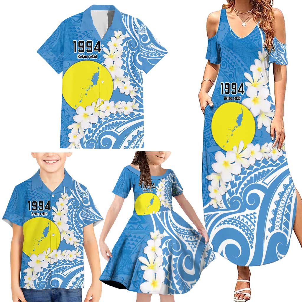 Personalized Palau 1994 Belau Rekid Family Matching Summer Maxi Dress and Hawaiian Shirt Polynesian Plumeria Style