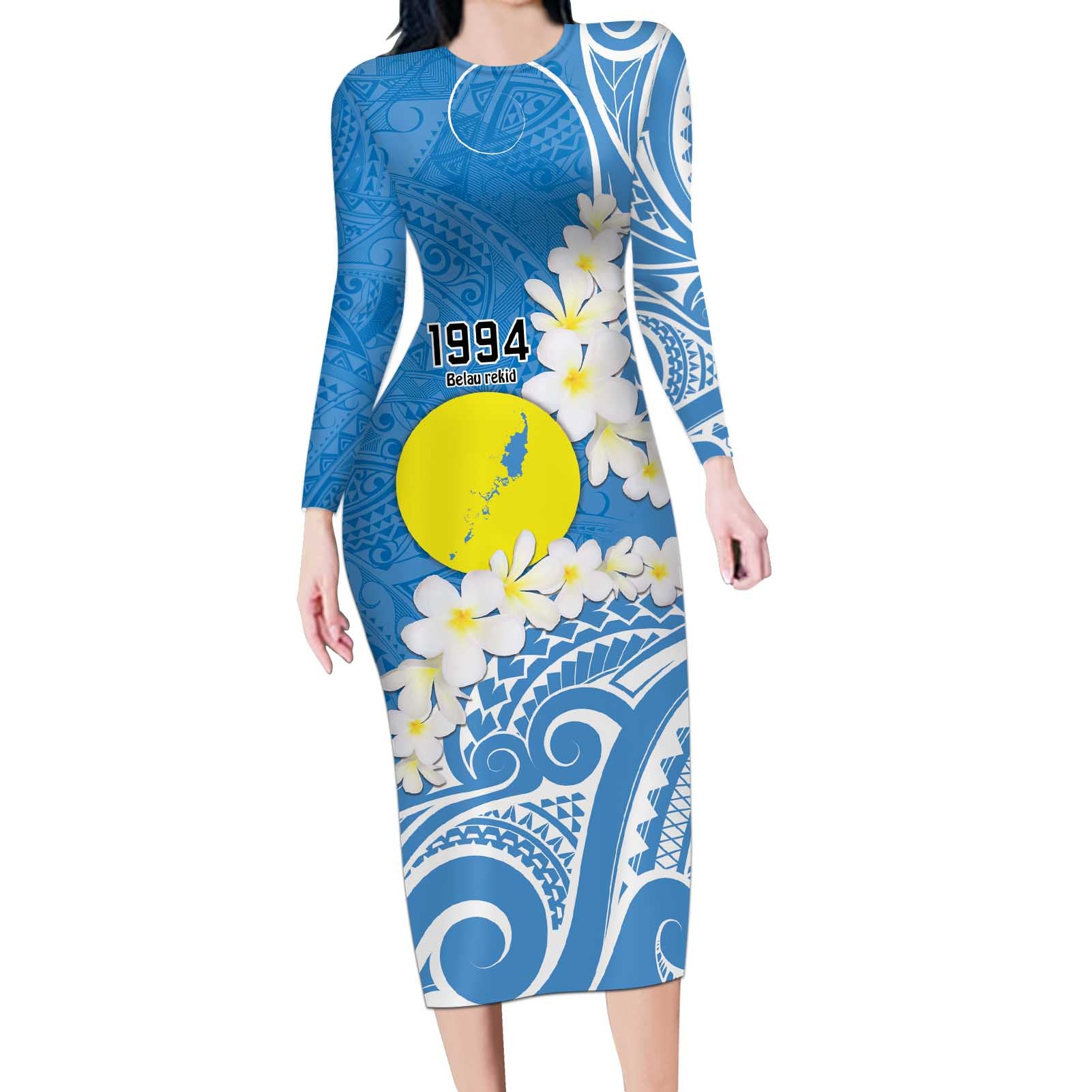 Personalized Palau 1994 Belau Rekid Long Sleeve Bodycon Dress Polynesian Plumeria Style