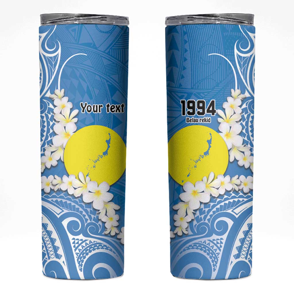 Personalized Palau 1994 Belau Rekid Skinny Tumbler Polynesian Plumeria Style LT9 Blue - Polynesian Pride