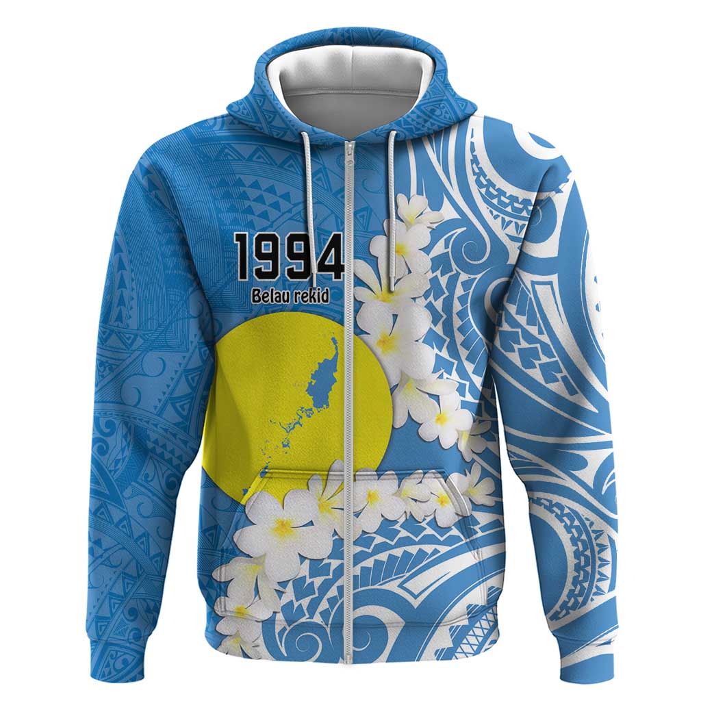 Personalized Palau 1994 Belau Rekid Zip Hoodie Polynesian Plumeria Style