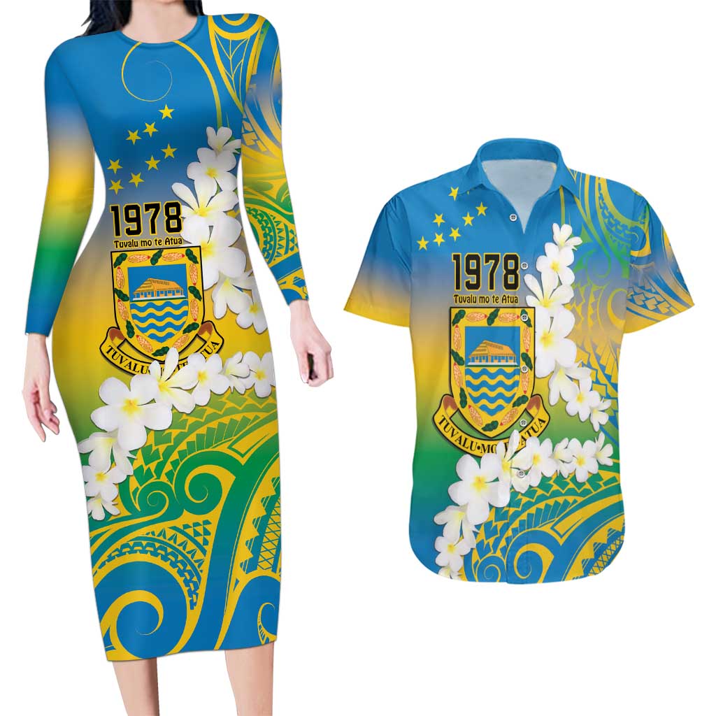 Personalised Tuvalu 1978 Independence Day Couples Matching Long Sleeve Bodycon Dress and Hawaiian Shirt Polynesian Plumeria Style