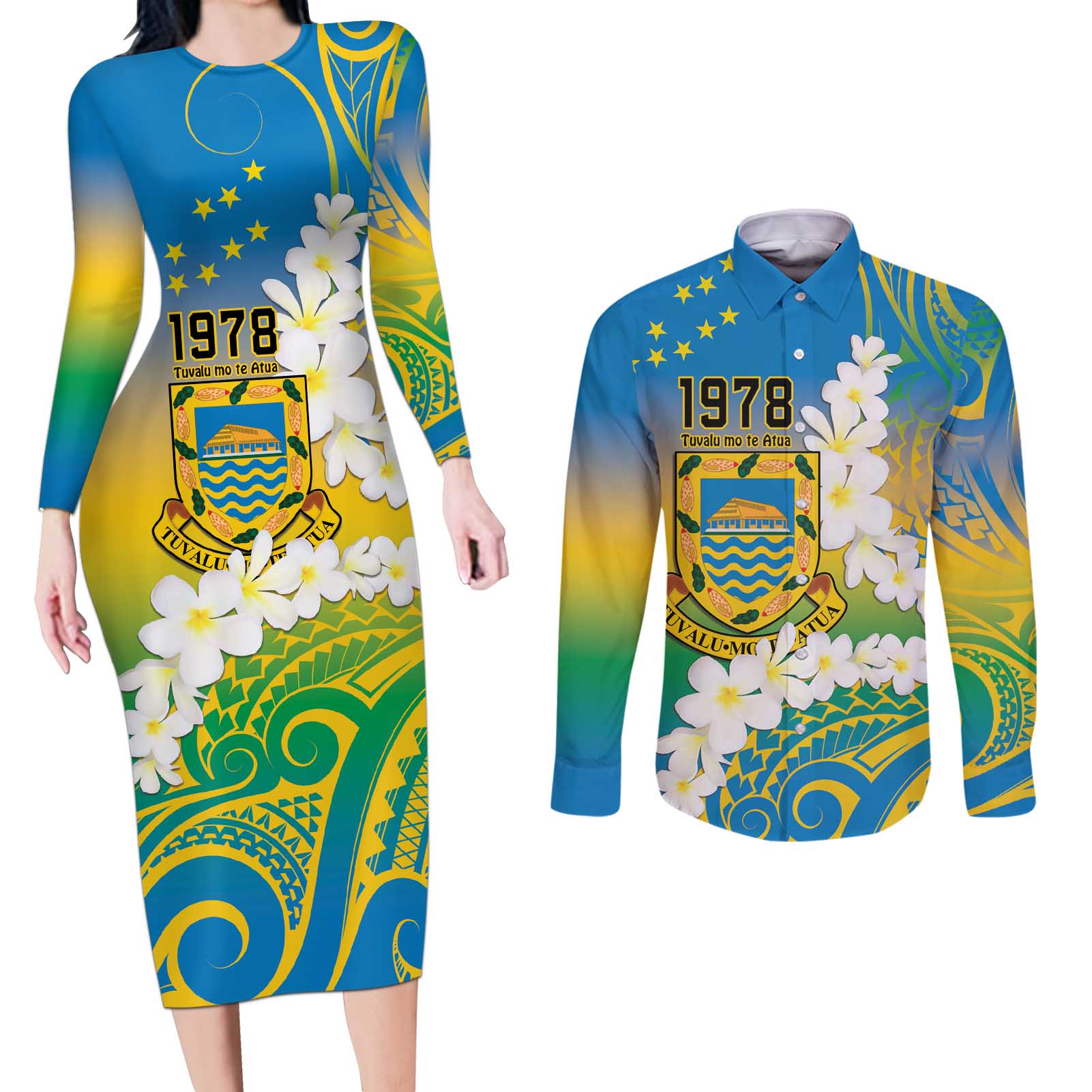 Personalised Tuvalu 1978 Independence Day Couples Matching Long Sleeve Bodycon Dress and Long Sleeve Button Shirt Polynesian Plumeria Style