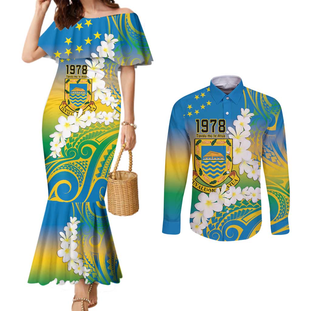 Personalised Tuvalu 1978 Independence Day Couples Matching Mermaid Dress and Long Sleeve Button Shirt Polynesian Plumeria Style