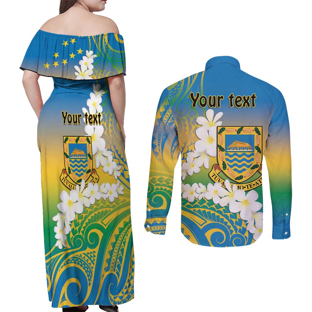 Personalised Tuvalu 1978 Independence Day Couples Matching Off Shoulder Maxi Dress and Long Sleeve Button Shirt Polynesian Plumeria Style