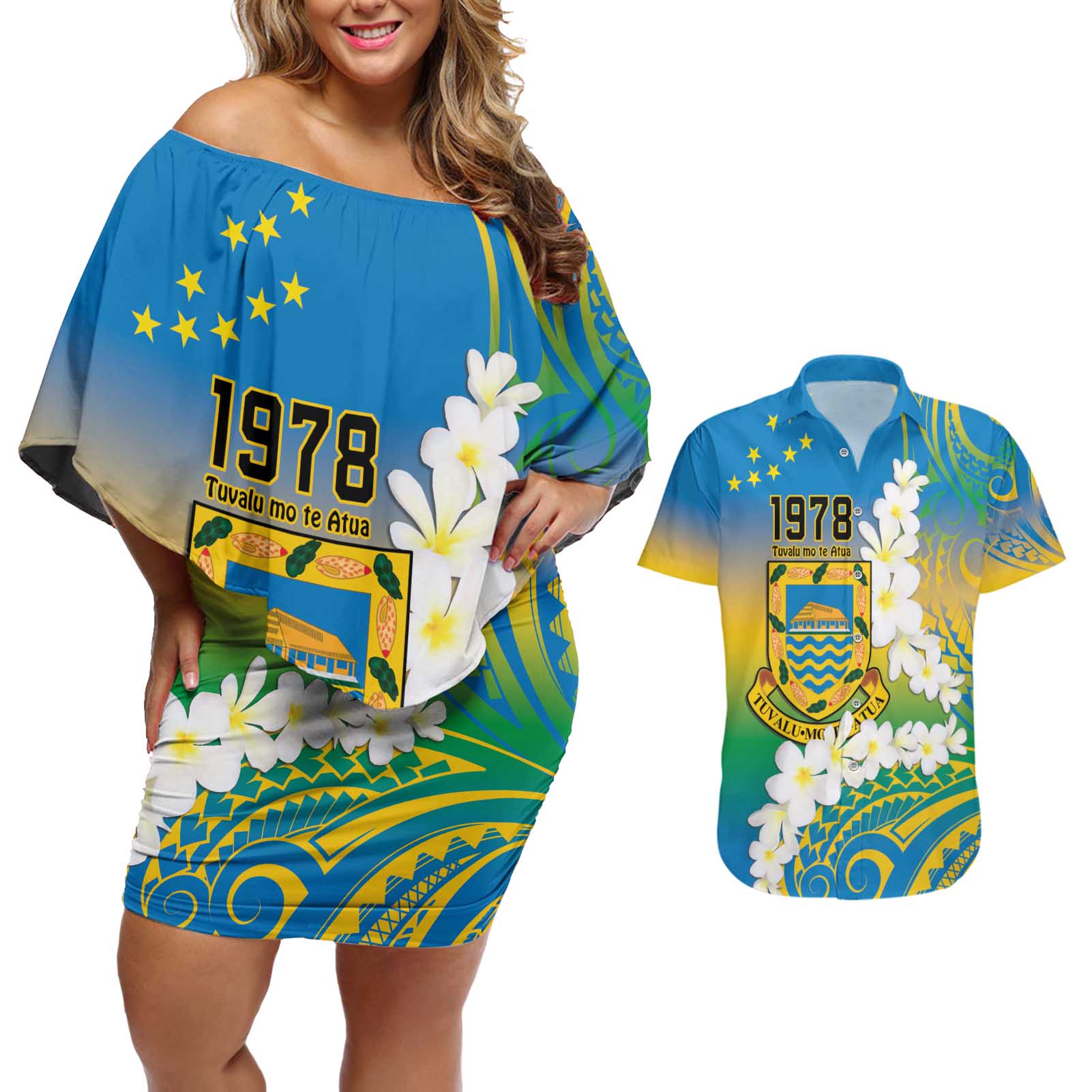 Personalised Tuvalu 1978 Independence Day Couples Matching Off Shoulder Short Dress and Hawaiian Shirt Polynesian Plumeria Style