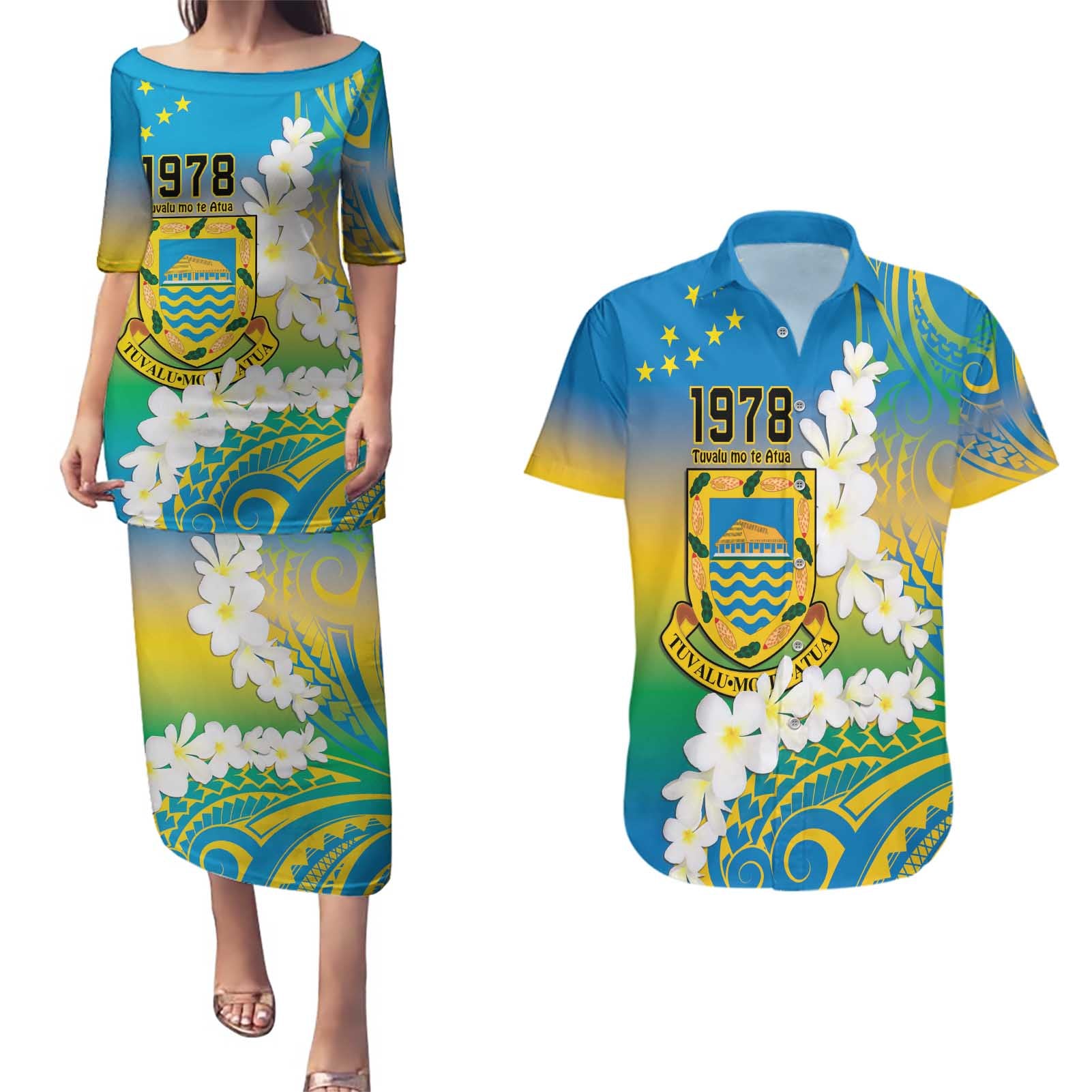 Personalised Tuvalu 1978 Independence Day Couples Matching Puletasi and Hawaiian Shirt Polynesian Plumeria Style