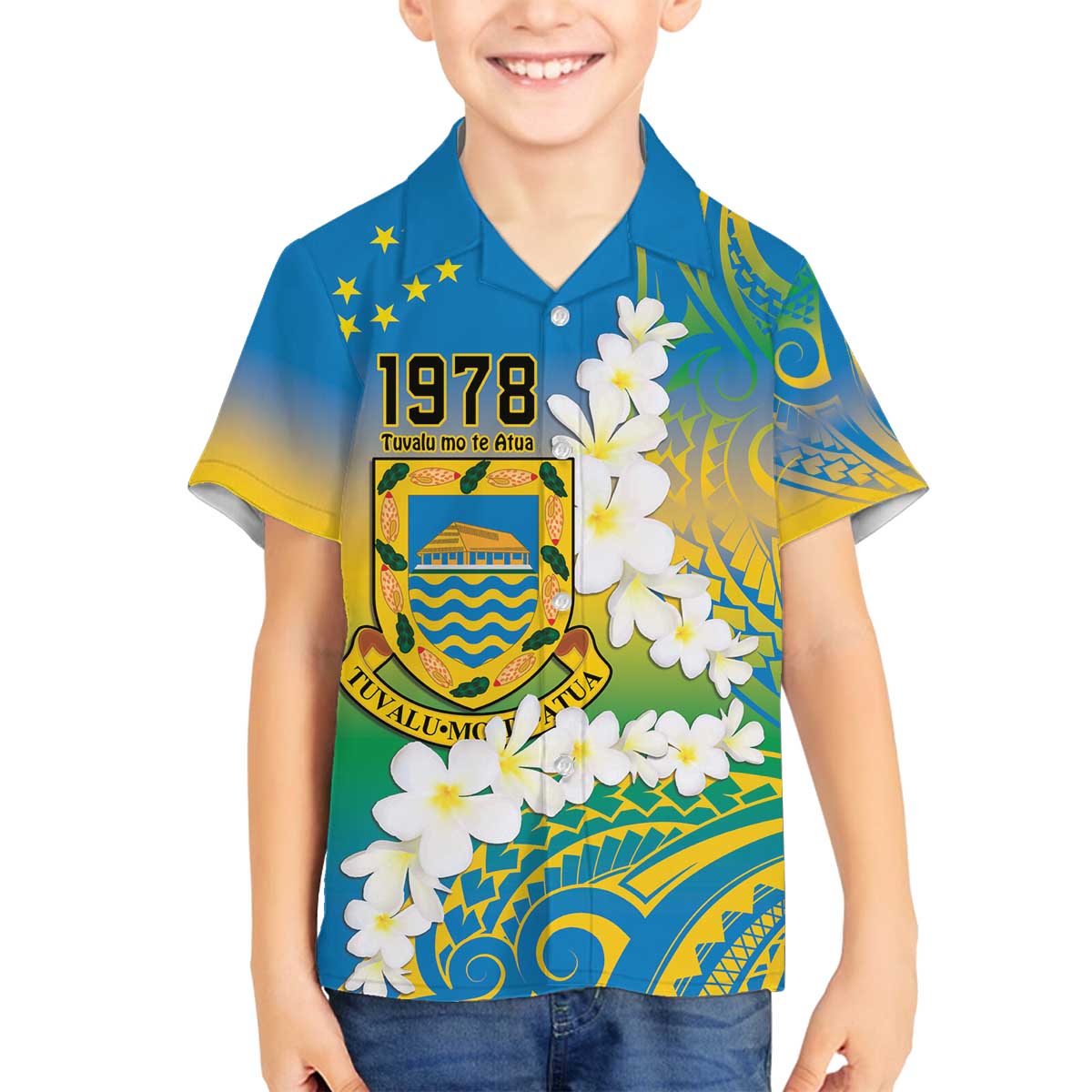 Personalised Tuvalu 1978 Independence Day Family Matching Off Shoulder Short Dress and Hawaiian Shirt Polynesian Plumeria Style
