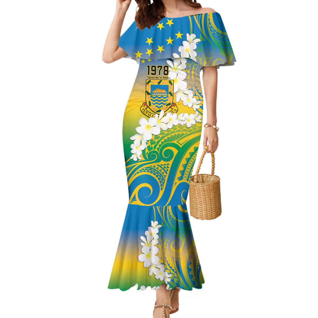 Personalised Tuvalu 1978 Independence Day Mermaid Dress Polynesian Plumeria Style