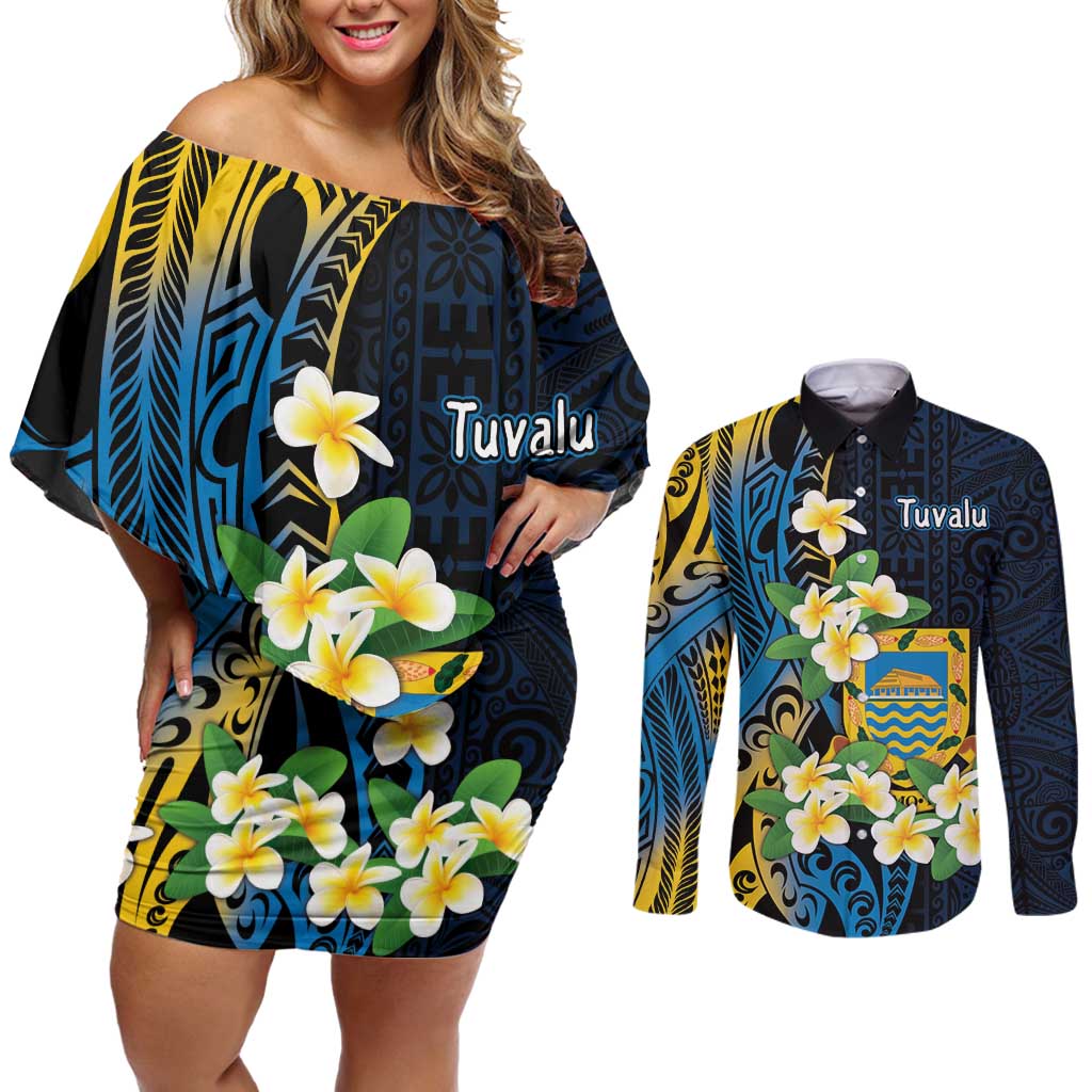 Personalised Tuvalu Beautiful Plumeria Flower Couples Matching Off Shoulder Short Dress and Long Sleeve Button Shirt