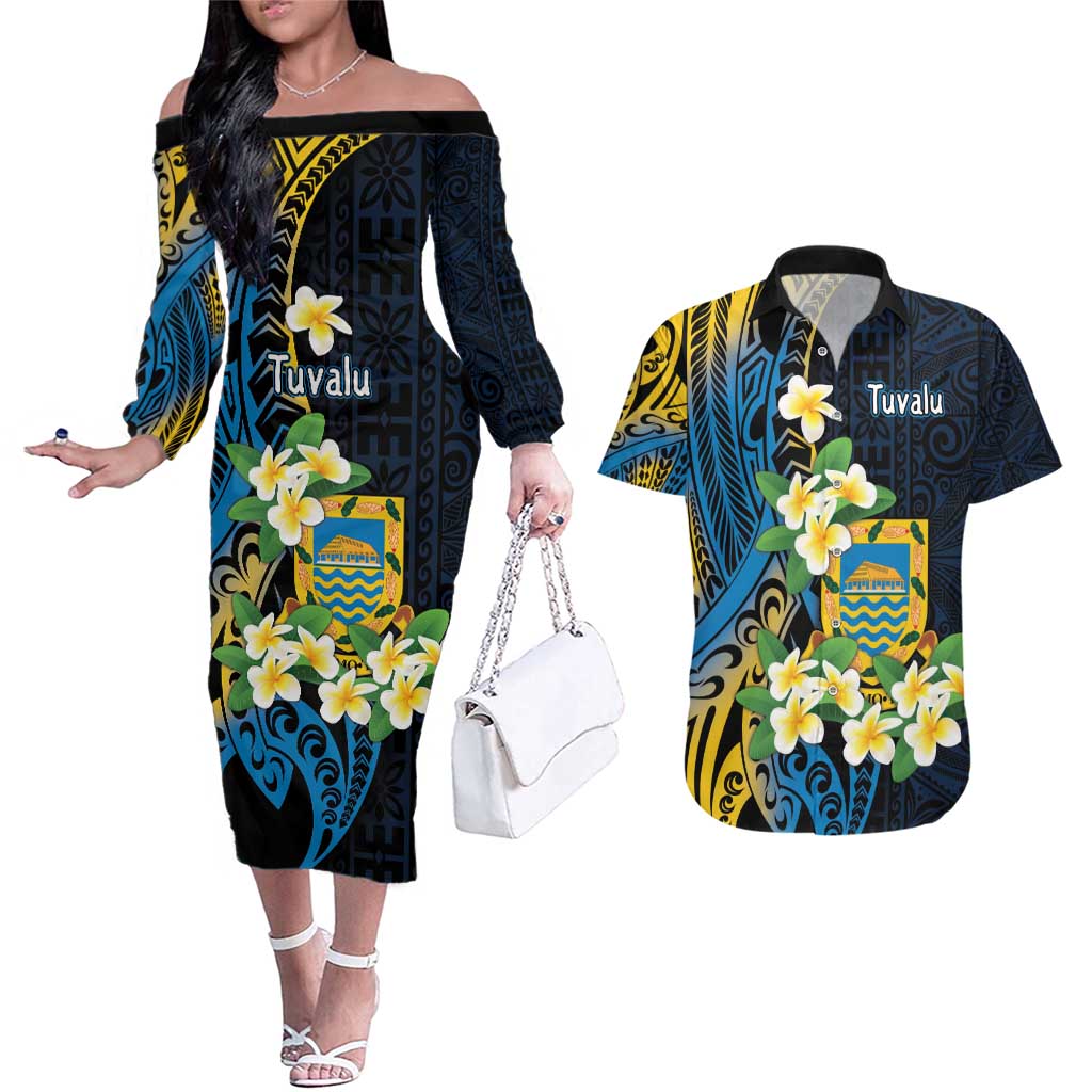 Personalised Tuvalu Beautiful Plumeria Flower Couples Matching Off The Shoulder Long Sleeve Dress and Hawaiian Shirt