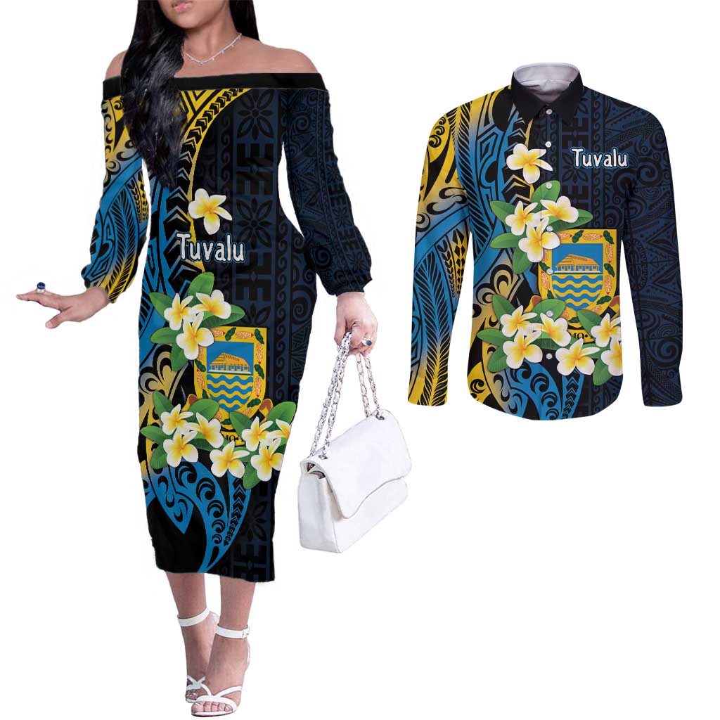 Personalised Tuvalu Beautiful Plumeria Flower Couples Matching Off The Shoulder Long Sleeve Dress and Long Sleeve Button Shirt