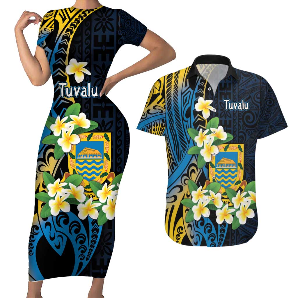 Personalised Tuvalu Beautiful Plumeria Flower Couples Matching Short Sleeve Bodycon Dress and Hawaiian Shirt