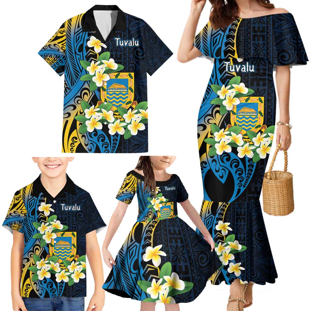 Personalised Tuvalu Beautiful Plumeria Flower Family Matching Mermaid Dress and Hawaiian Shirt