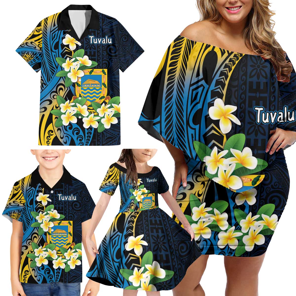 Personalised Tuvalu Beautiful Plumeria Flower Family Matching Off Shoulder Short Dress and Hawaiian Shirt