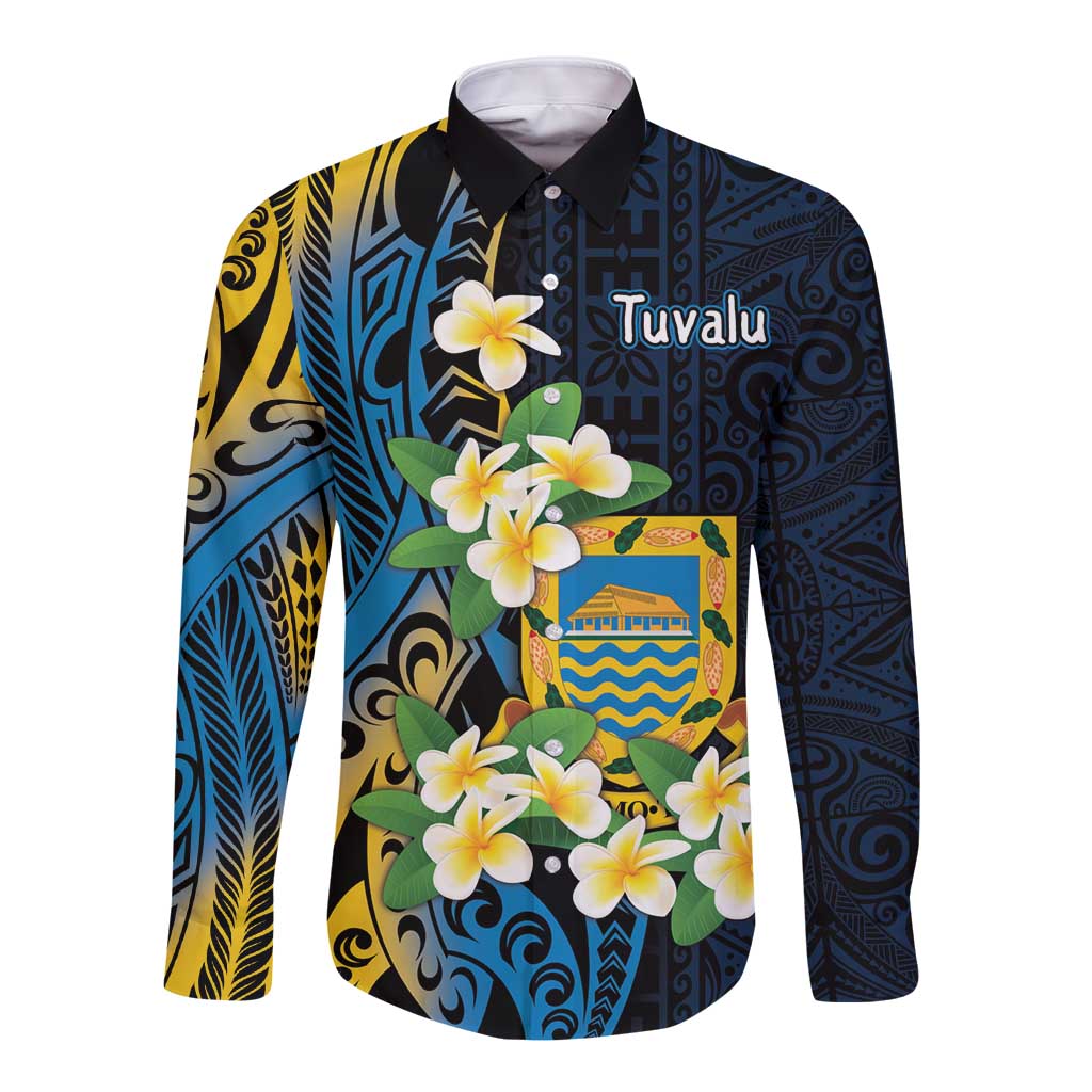 Personalised Tuvalu Beautiful Plumeria Flower Long Sleeve Button Shirt LT9 Unisex Black - Polynesian Pride