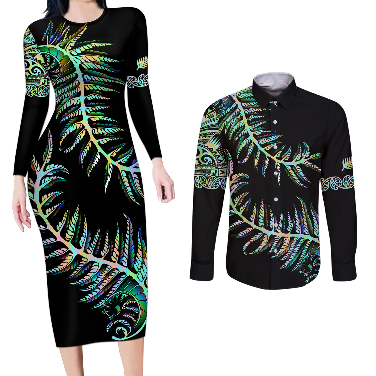 New Zealand Couples Matching Long Sleeve Bodycon Dress and Long Sleeve Button Shirt Aotearoa Silver Fern Mixed Papua Shell Green Vibe LT9 Green - Polynesian Pride