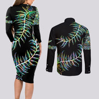 New Zealand Couples Matching Long Sleeve Bodycon Dress and Long Sleeve Button Shirt Aotearoa Silver Fern Mixed Papua Shell Green Vibe LT9 - Polynesian Pride