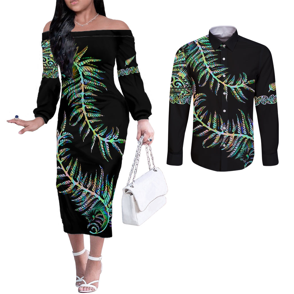New Zealand Couples Matching Off The Shoulder Long Sleeve Dress and Long Sleeve Button Shirt Aotearoa Silver Fern Mixed Papua Shell Green Vibe LT9 Green - Polynesian Pride