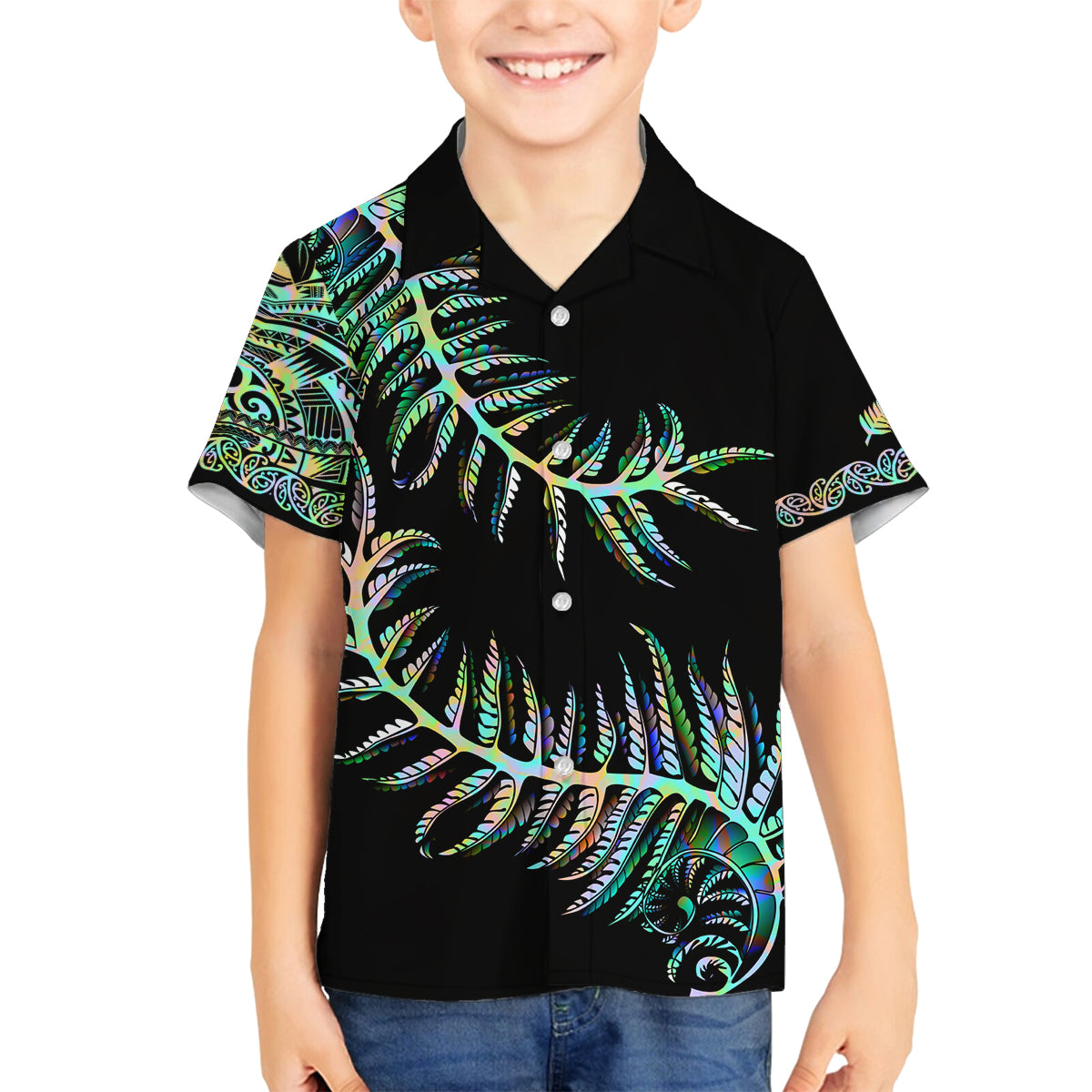 New Zealand Family Matching Tank Maxi Dress and Hawaiian Shirt Aotearoa Silver Fern Mixed Papua Shell Green Vibe LT9 Son's Shirt Green - Polynesian Pride