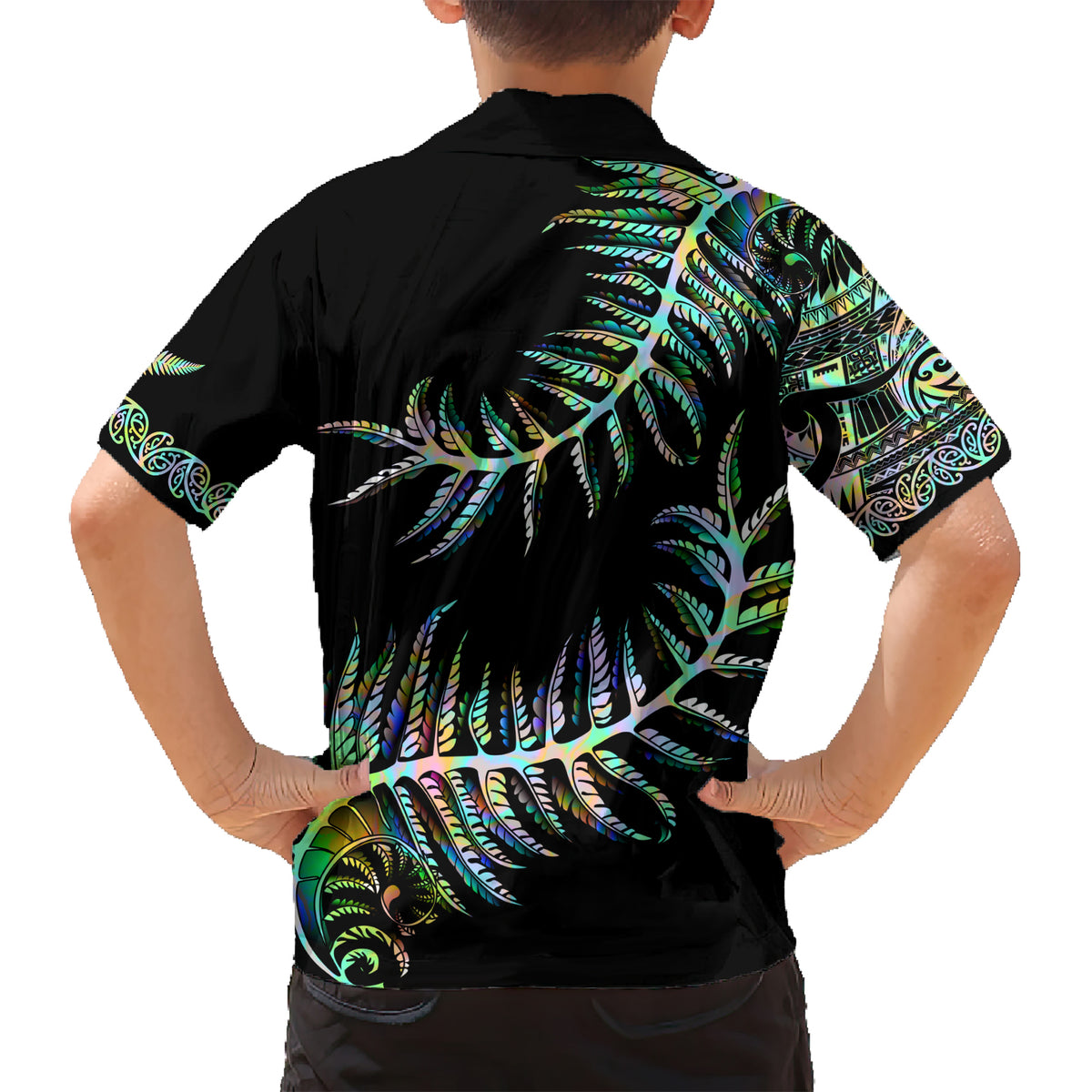 New Zealand Kid Hawaiian Shirt Aotearoa Silver Fern Mixed Papua Shell Green Vibe LT9 - Polynesian Pride