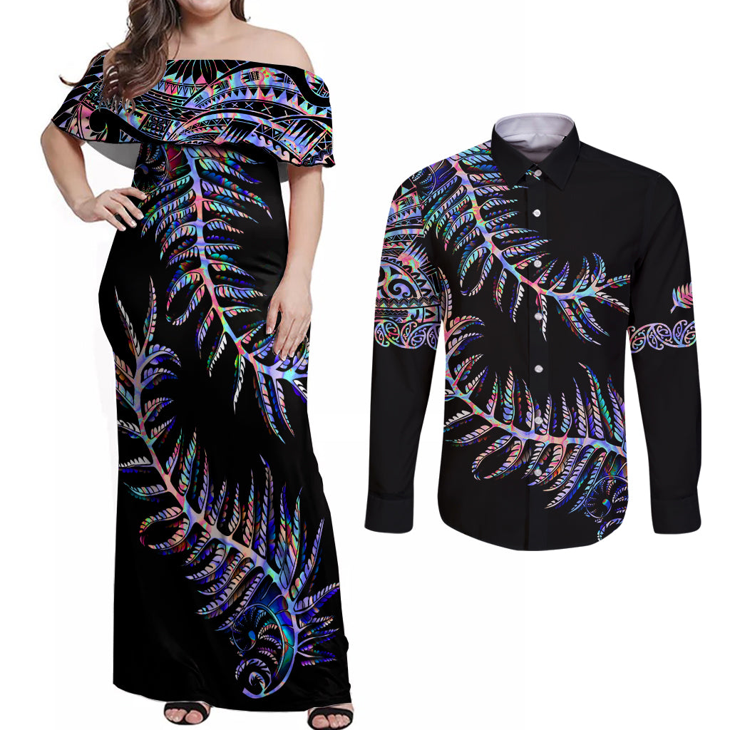 New Zealand Couples Matching Off Shoulder Maxi Dress and Long Sleeve Button Shirt Aotearoa Silver Fern Mixed Papua Shell Purple Vibe LT9 Purple - Polynesian Pride
