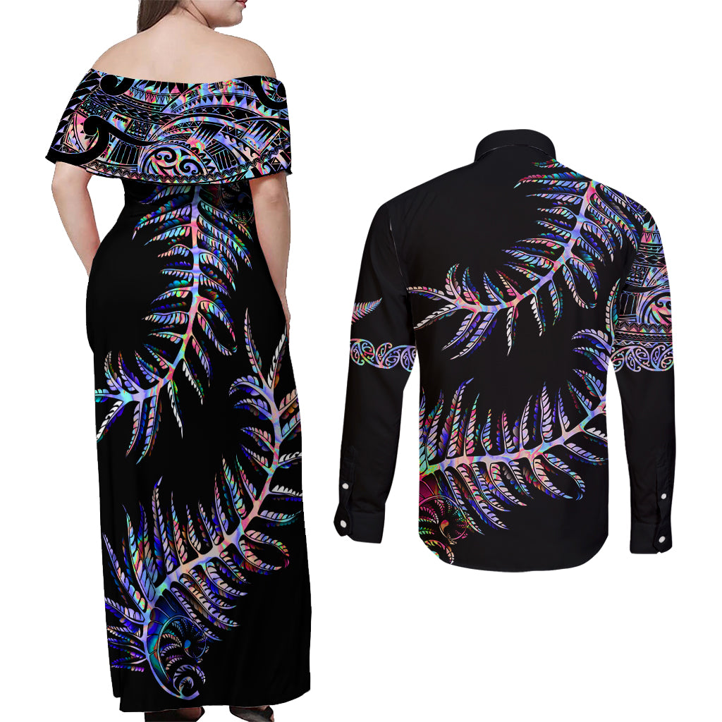 New Zealand Couples Matching Off Shoulder Maxi Dress and Long Sleeve Button Shirt Aotearoa Silver Fern Mixed Papua Shell Purple Vibe LT9 - Polynesian Pride
