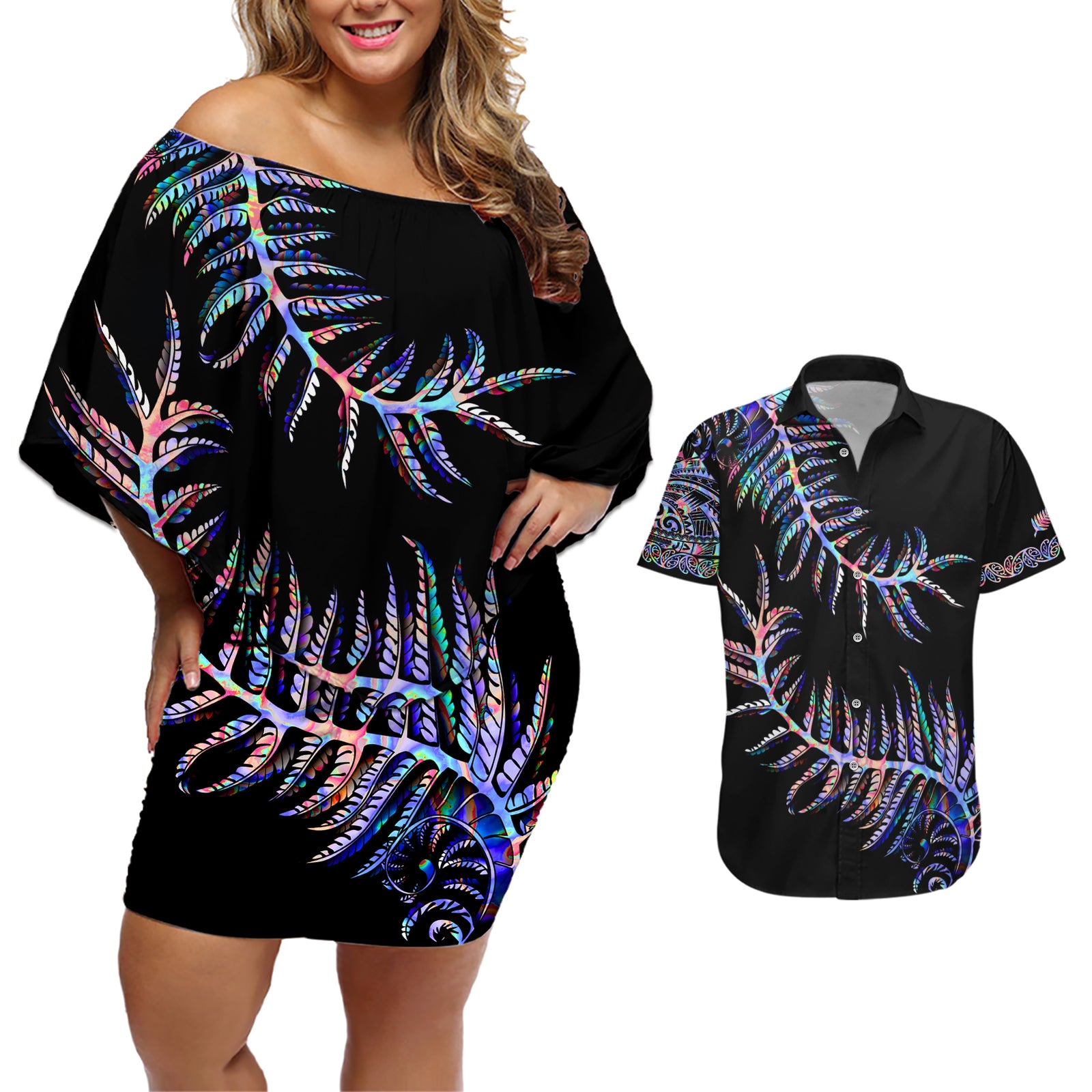 New Zealand Couples Matching Off Shoulder Short Dress and Hawaiian Shirt Aotearoa Silver Fern Mixed Papua Shell Purple Vibe LT9 Purple - Polynesian Pride