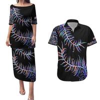 New Zealand Couples Matching Puletasi Dress and Hawaiian Shirt Aotearoa Silver Fern Mixed Papua Shell Purple Vibe LT9 Purple - Polynesian Pride