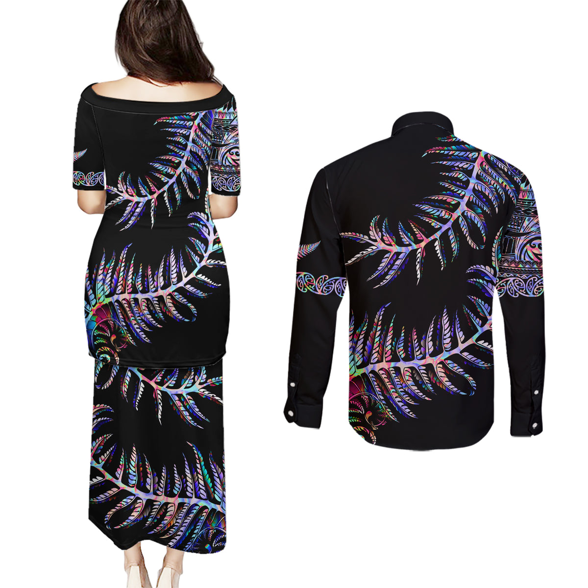 New Zealand Couples Matching Puletasi Dress and Long Sleeve Button Shirt Aotearoa Silver Fern Mixed Papua Shell Purple Vibe LT9 - Polynesian Pride