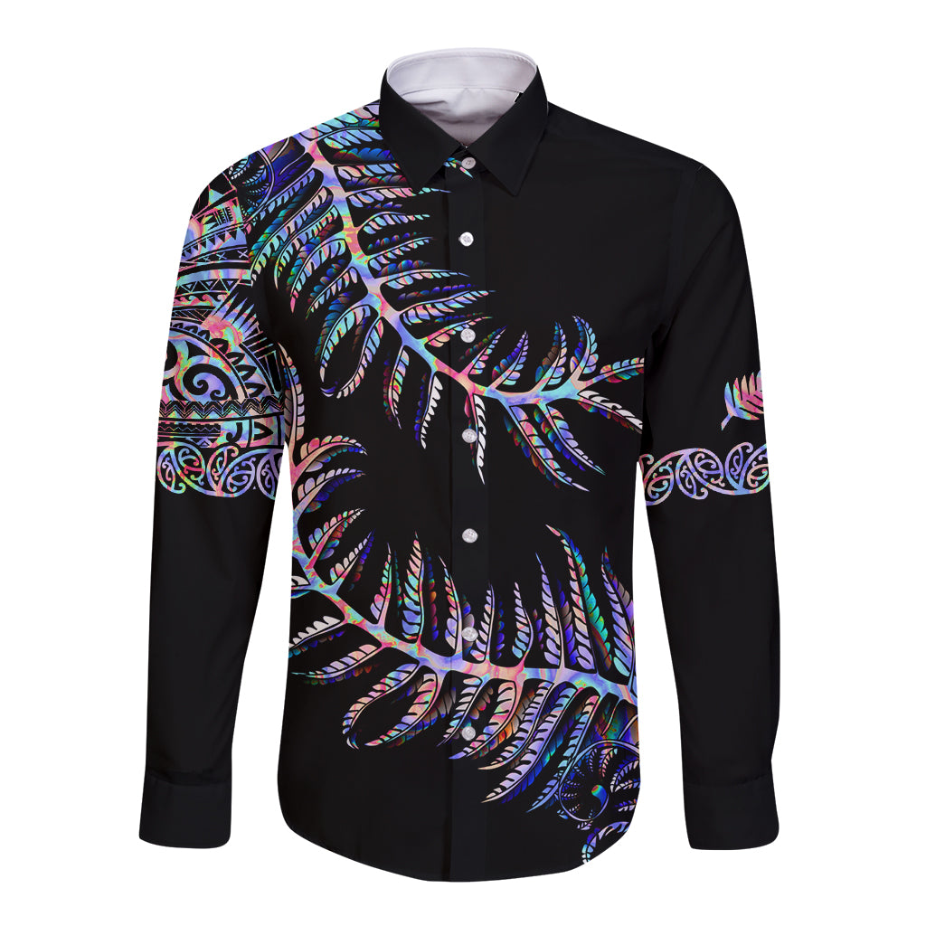 New Zealand Long Sleeve Button Shirt Aotearoa Silver Fern Mixed Papua Shell Purple Vibe LT9 Unisex Purple - Polynesian Pride